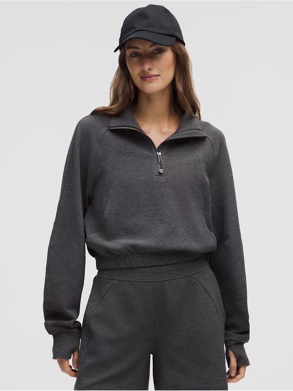 NWT Lululemon Small Scuba Cropped Funnel-Neck Half Zip Waffle Heather Graphite